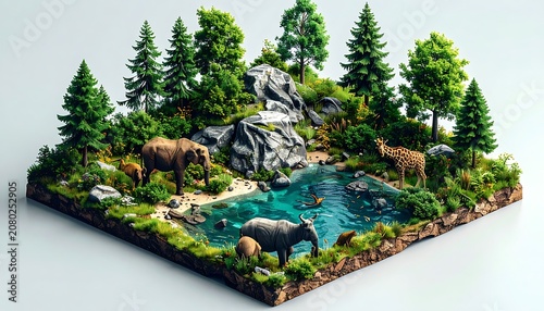 A miniature serene forest ecosystem with animals and water