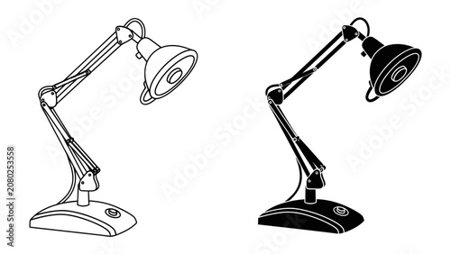 Schilderij op canvas Desk Lamp Design in Silhouette: A clear line drawing and a contrasting black silhouette of a classic adjustable desk lamp, perfect for graphic design or educational content