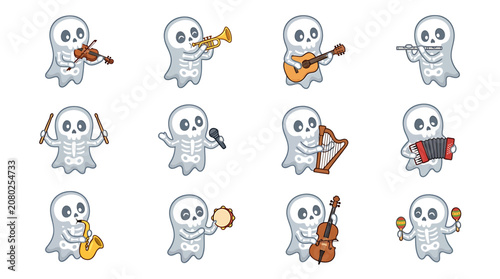 Cute Ghost Musicians Playing Various Instruments Halloween Cartoon Set.