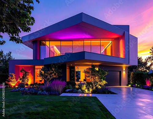 A modern two-story house with colorful lighting at dusk
