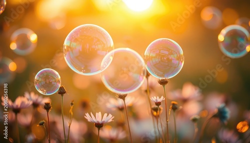 Gentle sunlit bubbles float among delicate blossoms, perfect for celebrating moments of joy, innocence, and fleeting beauty in any presentation.