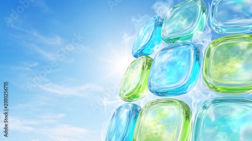 Retro-futuristic glossy blue and green 3D abstract shapes against bright sky background