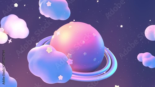 Dreamy planet rotating gently, surrounded by pastel clouds and stars animation. (loop)