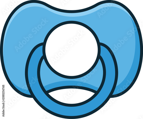 Baby pacifier illustration shows blue soother with black outline flat design