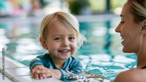 Toddler clinging to pool wall while smiling at parent during early swimming lesson, infant aquatic education concept, family swimming photography, blurred pool background, with