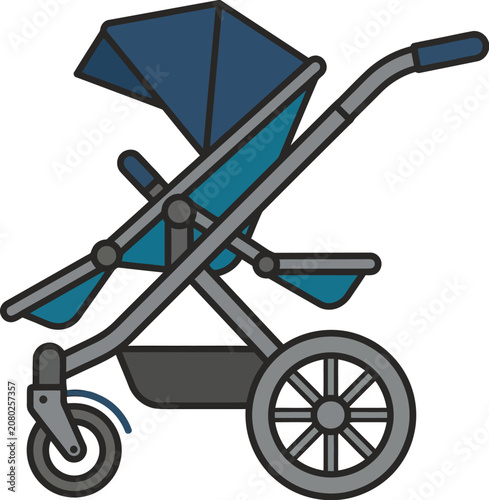 Illustration shows a blue and grey baby stroller with wheel and canopy