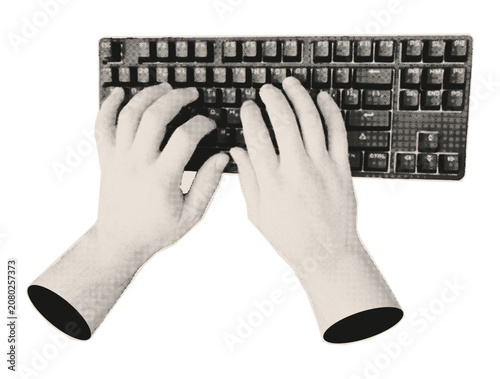 Collage Man's Hands typing on computer keyboard isolated on white background. Monochrome halftone laptop. Vintage paper cutout sticker. Pop art zine vector for technology business web education.