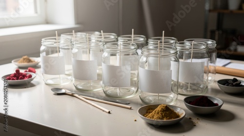 Candle Making Jars Prepared with Wicks and Supplies