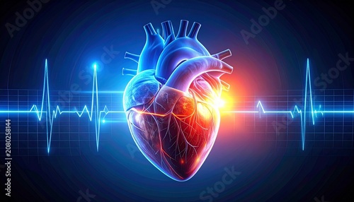 Glowing human heart with ECG line, symbolizing cardiovascular health, heartbeat monitoring, and medical diagnostics in futuristic style.