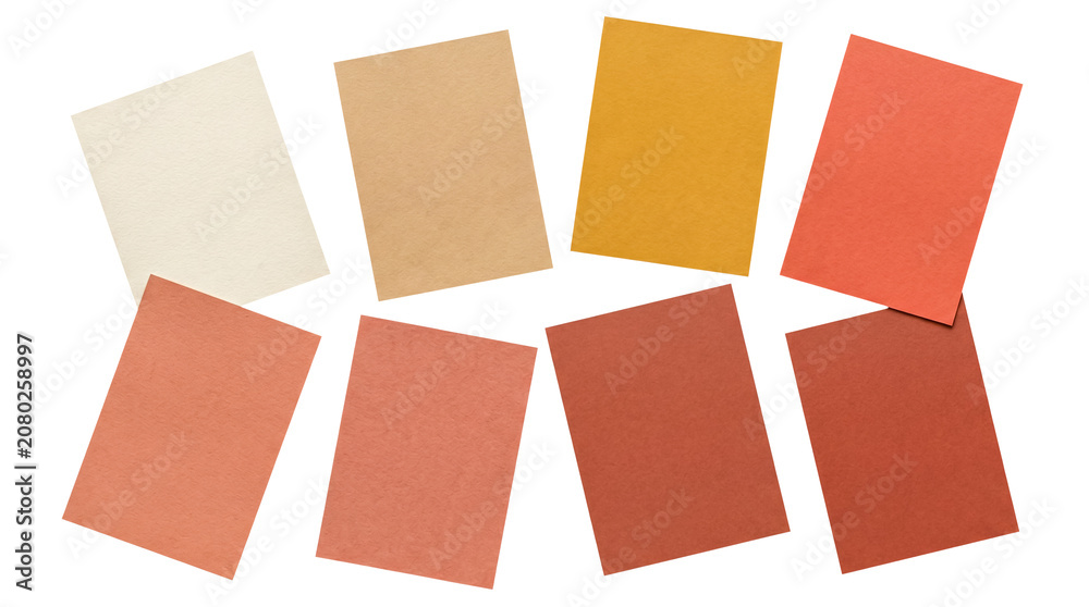 Fototapeta premium Eight scattered rectangular textured paper notes in a vibrant warm autumn color palette.