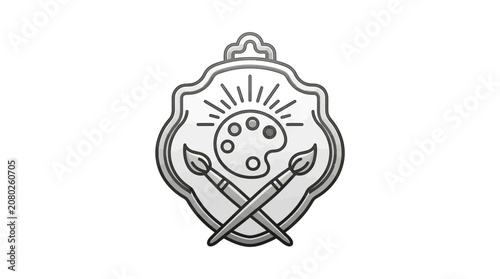 Elegant Minimalist Black and White of a Creative Artistic Emblem with Paint Palette Brushes and Radiating Sunburst