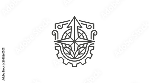 Elegant Black and White Minimalist Compass and Gear Symbol with Abstract Design for Navigation and Engineering Concepts