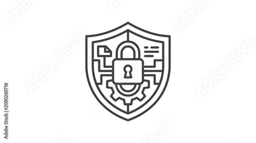 Elegant Minimalist Shield Icon Featuring Lock Gear and Circuitry Design in Monochrome with high quality professional line art symbols for modern creative design and digital branding projects
