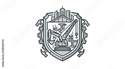 Elegant Monochromatic Construction and Architecture Shield Emblem with City Skyline and Tools with high quality professional line art symbols for modern creative design and digital branding projects