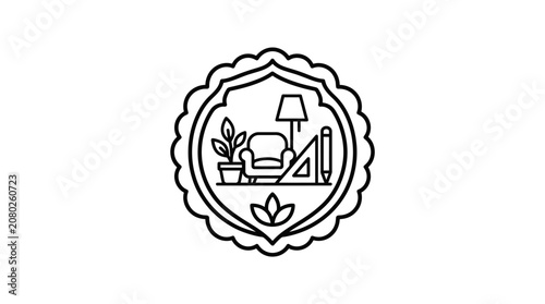 Elegant Black and White Minimalist Bedroom and Plant Life Icon Inside Scalloped Border Seal with high quality professional line art symbols for modern creative design and digital branding projects