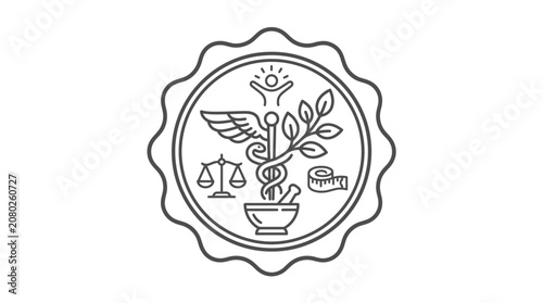 Elegant Monochromatic Medical and Legal Symbols Seal with Winged Staff Scales Mortar Pill and Measuring Tape