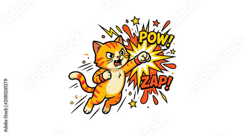 Superhero Cat Punching with Pow and Zap Comic Style