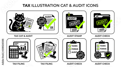 Tax Illustration: Cat & Audit Icons - Financial Check, Filing, and Compliance