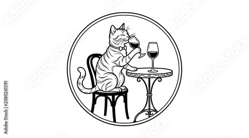 Whimsical Cat Drinking Wine at Table with Chair