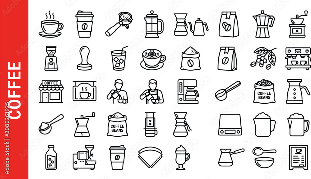 Fototapeta premium Comprehensive Set of Professional Coffee Making Equipment and Cafe Beverage Preparation Outline Icons for Barista Manuals and Digital Menus