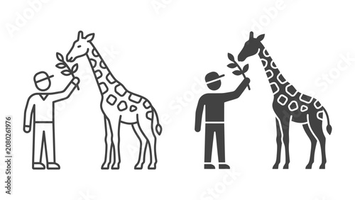 Fotografie Gentle Giant Encounter: A stylized illustration shows a person offering a branch to a towering giraffe, depicting a harmonious interaction between human and animal