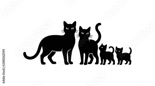 Black Cat Family Silhouette, Mother and Kittens Standing Together
