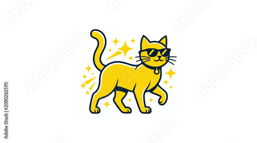 Cool Yellow Cat Wearing Sunglasses, Walking with Sparkles and Stars