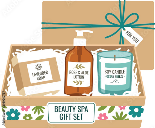 Gift box contains spa products and soy candle on decorative background