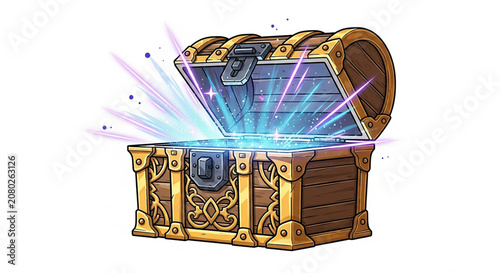 Open Treasure Chest with Glowing Blue Light and Cosmic Sparkles in Fantasy Style Illustration
