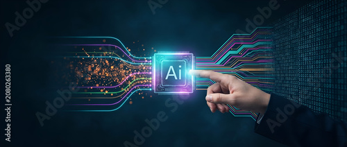 Hand interacting with a glowing artificial intelligence chip and digital data flow