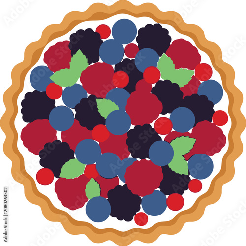 Fresh Fruit Tart with Berries and Leaves on Table Setting