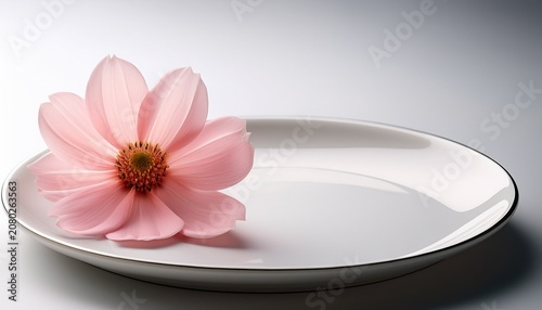 A Single Delicate Pink Flower Rests Gently On A Pristine White Plate A Minimalist Study In Simplicity And Elegance