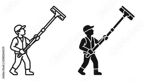 Fotografie Window Cleaner Icons: Two stylized icons depicting a window cleaner, one in outline and the other in silhouette, both holding a long-handled squeegee, ready for exterior cleaning
