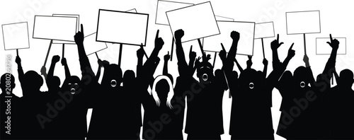 Quadro su tela Protesting crowd silhouette holding blank signs, people shouting at demonstration rally, activism and political movement vector illustration