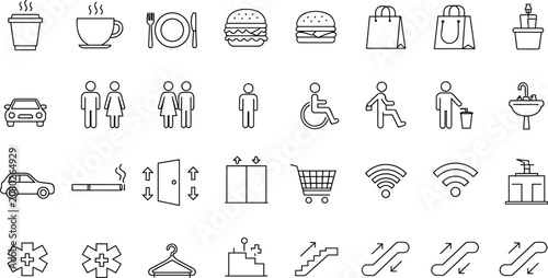 Public facility icons, restroom, shopping, food, accessibility, service signs, vector illustration
