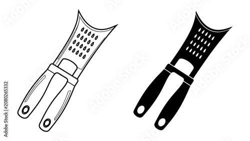Kitchen Grater Duo: A graphic illustration showcasing a kitchen grater in both outline and solid black silhouette, perfect for culinary design and food preparation visuals.