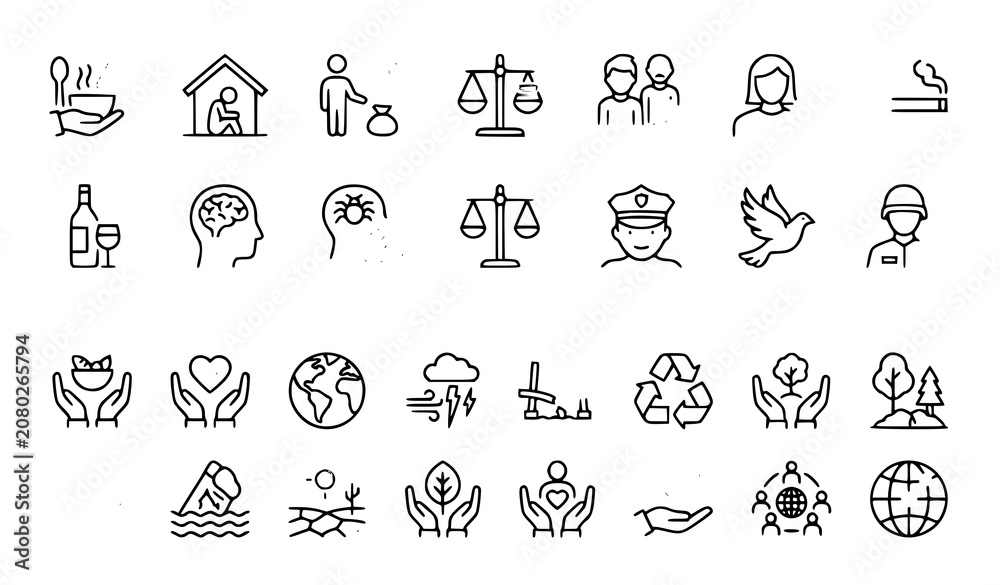 Fototapeta premium Global Social Issues Environmental Awareness and Humanitarian Thin Line Icon Pack Vector