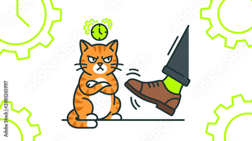 Obraz na plátně Angry Cat Kicked By Foot, Deadline Pressure, Time Management Concept