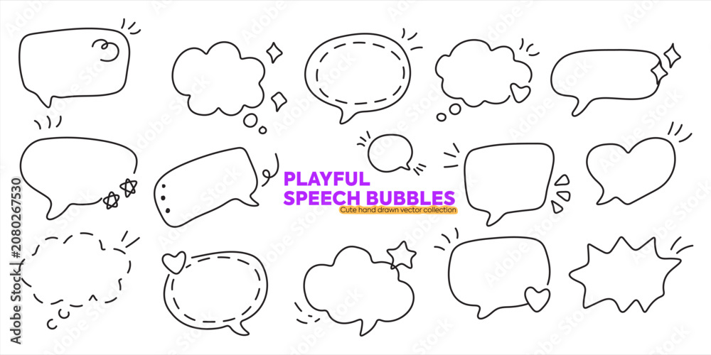 Fototapeta premium Cute Hand Drawn Speech Bubble Set Featuring Doodle Chat Bubbles, Thought Clouds and Comic Dialogue Frames