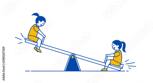 Foto Two girls playing on seesaw outdoors.