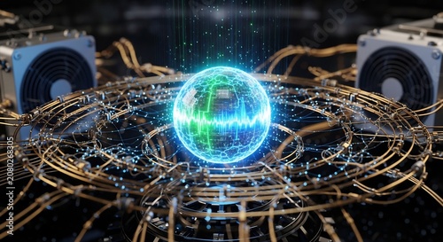 High-tech energy sphere contained within a futuristic industrial machine.