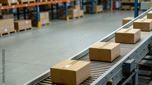Shipping boxes moving up inclined conveyor in distribution w