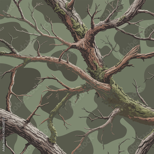 RealTree and Mossy Oak style hyper realistic real tree camouflage seamless pattern with bark branches and leaves print ready 300 dpi for hunting gear