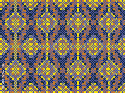 A vibrant geometric knit pattern with circular diamonds, bold blue, yellow, and brown tones. Perfect for knitwear, blankets, home décor, accessories, textile prints, and seamless backgrounds.