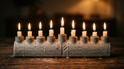 Ceramic menorah with glowing candles on a wooden table