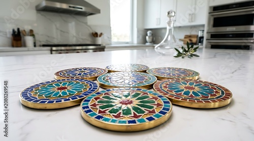 Colorful geometric mosaic coasters on a white marble kitchen island