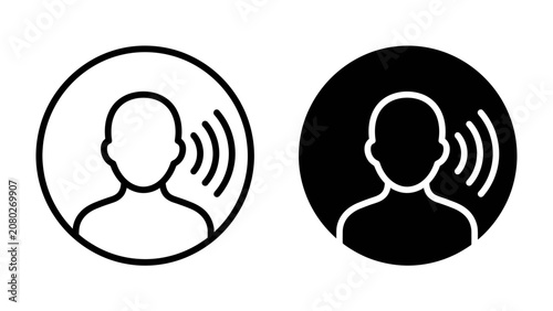 Photos Sound Wave Icon: Two minimalist circular icons, one in white outline and the other in black silhouette, depicting a human head with sound waves emanating outwards, symbolizing audio, communication