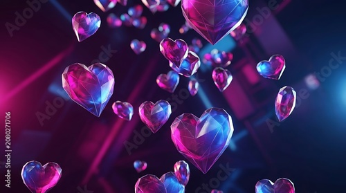 Glowing faceted crystal hearts floating in dark space