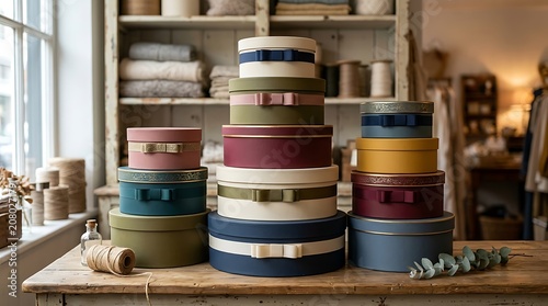 Elegant stacks of colorful round gift boxes in a boutique