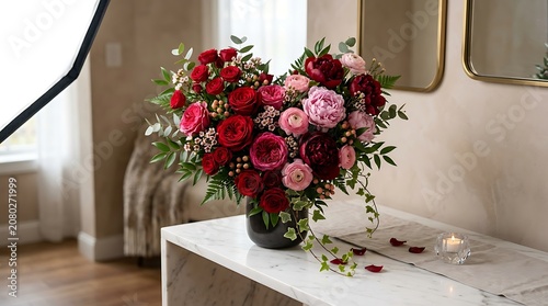Heart shaped bouquet of red roses and pink peonies on a marble table